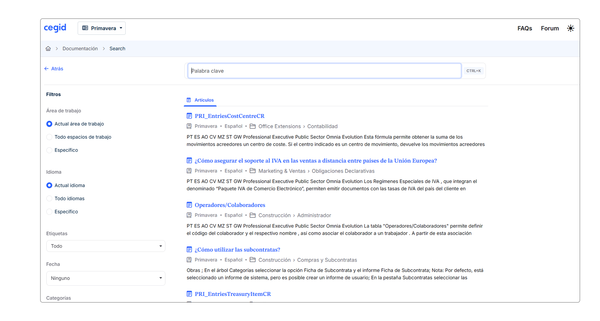 Search interface displaying filters for articles in a documentation system.